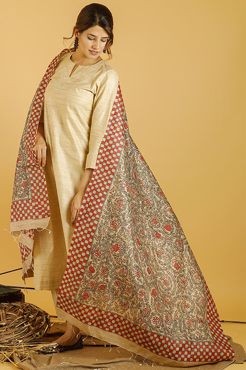 Laal Baag Tussar Silk Madhubani Dupatta Online