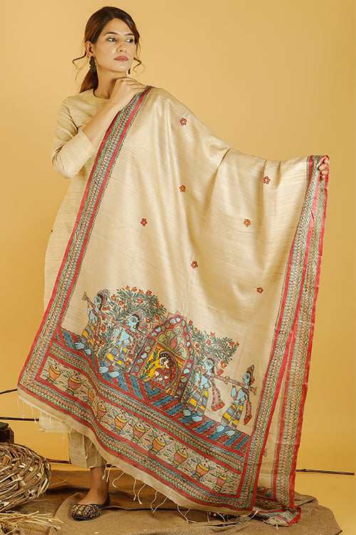 Madhubani Paints 'Doli Bidaai' Madhubani Handpainted Pure Handwoven Tussar Silk Dupatta