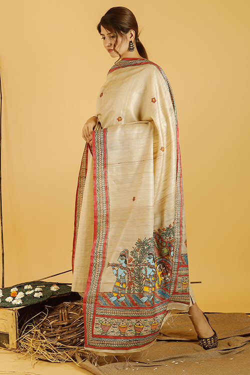 Madhubani Paints 'Doli Bidaai' Madhubani Handpainted Pure Handwoven Tussar Silk Dupatta