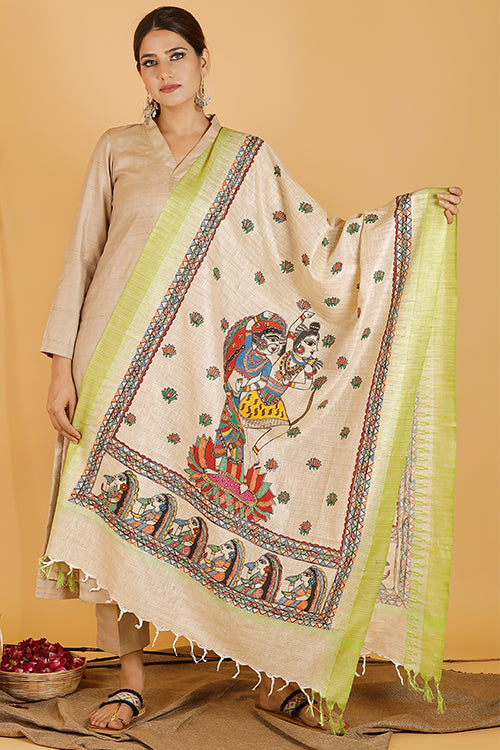 Madhubani Paints 'Shiva-Parvati' Madhubani Handpainted Pure Handloom Cotton Dupatta