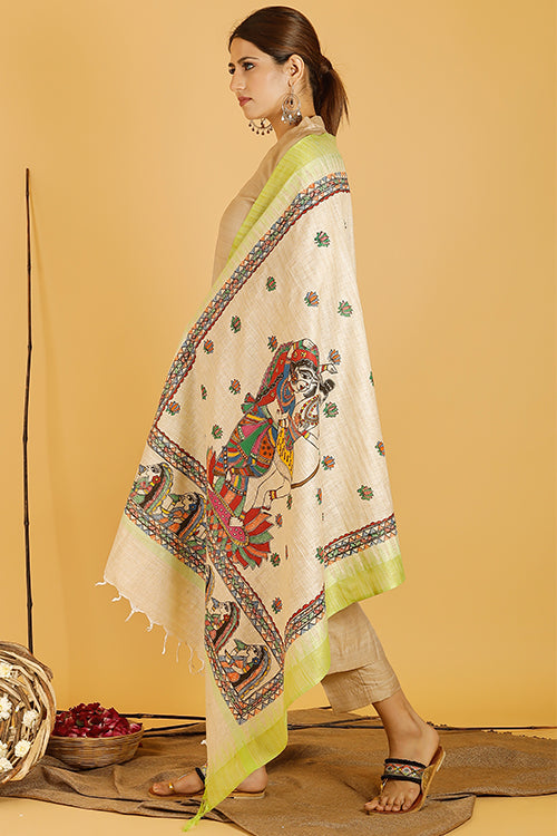 Madhubani Paints 'Shiva-Parvati' Madhubani Handpainted Pure Handloom Cotton Dupatta