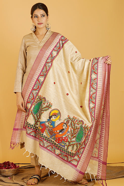 Madhubani Paints 'Krishna Radha Leela' Madhubani Handpainted Pure Handloom Cotton Dupatta