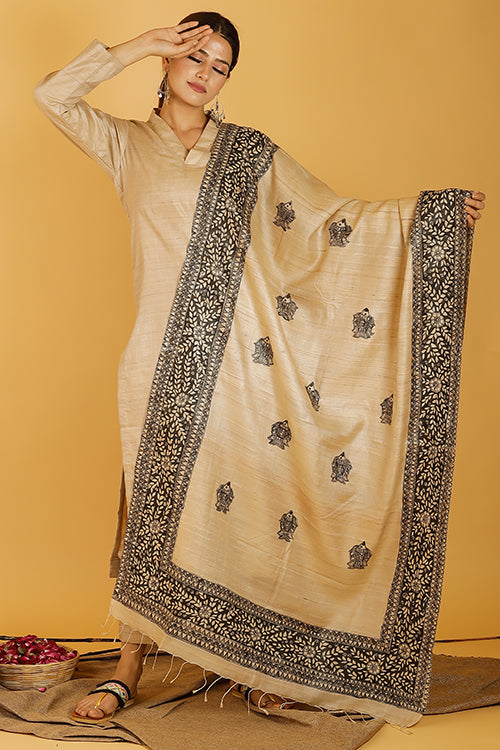 Madhubani Paints 'Mithila Minimal Leaves' Madhubani Handpainted Pure Handwoven Tussar Silk Dupatta