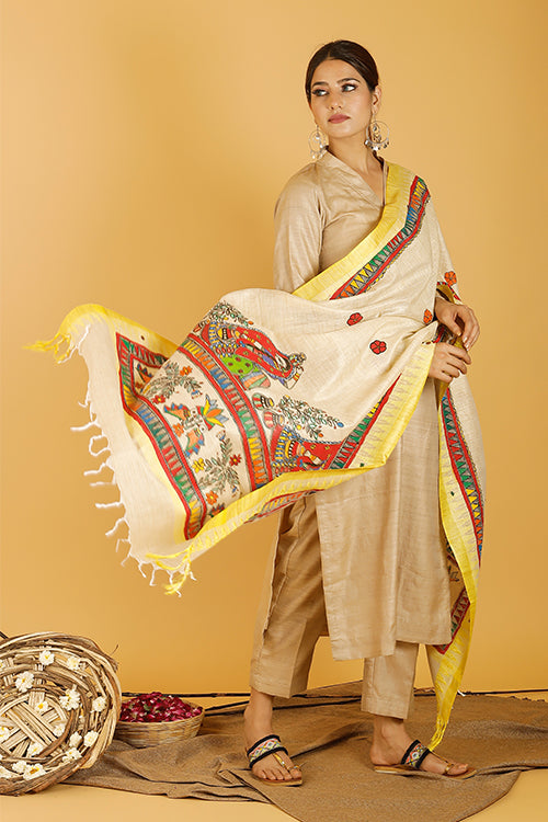 Madhubani Paints 'Gopi' Madhubani Handpainted Pure Handloom Cotton Dupatta