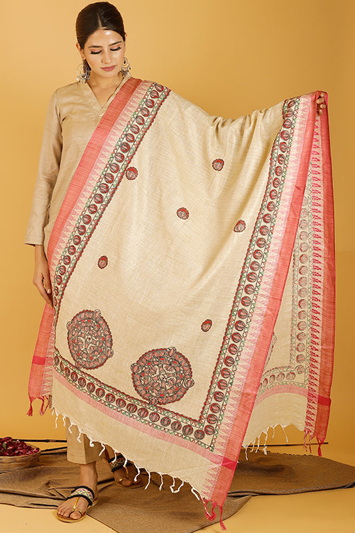 Fish Lotus Mandara Pure Cotton Madhubani Dupatta Online