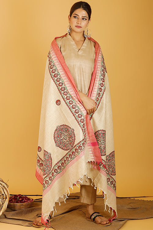 Madhubani Paints 'Fish Lotus Mandara' Madhubani Handpainted Pure Handloom Cotton Dupatta