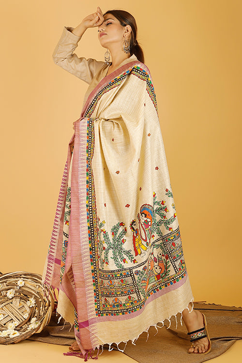 Madhubani Paints 'Sita Swaymbar Kathaa' Madhubani Handpainted Pure Handloom Cotton Dupatta