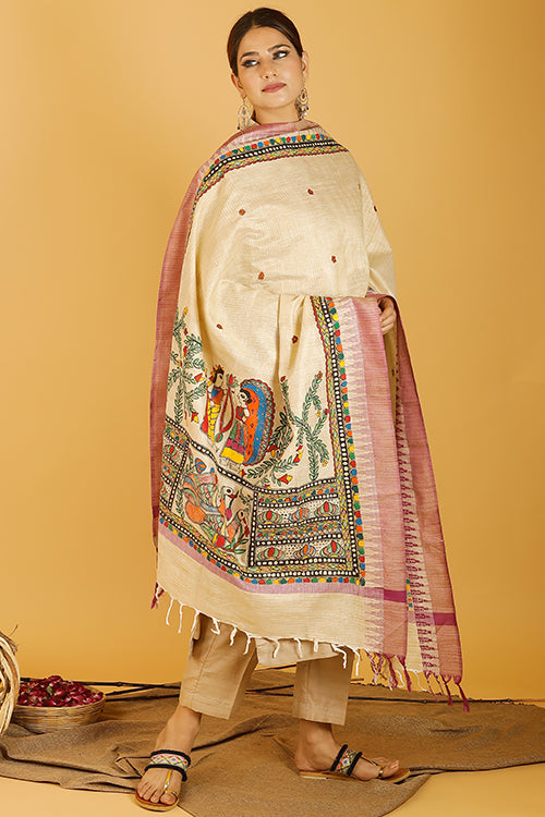 Madhubani Paints 'Sita Swaymbar Kathaa' Madhubani Handpainted Pure Handloom Cotton Dupatta