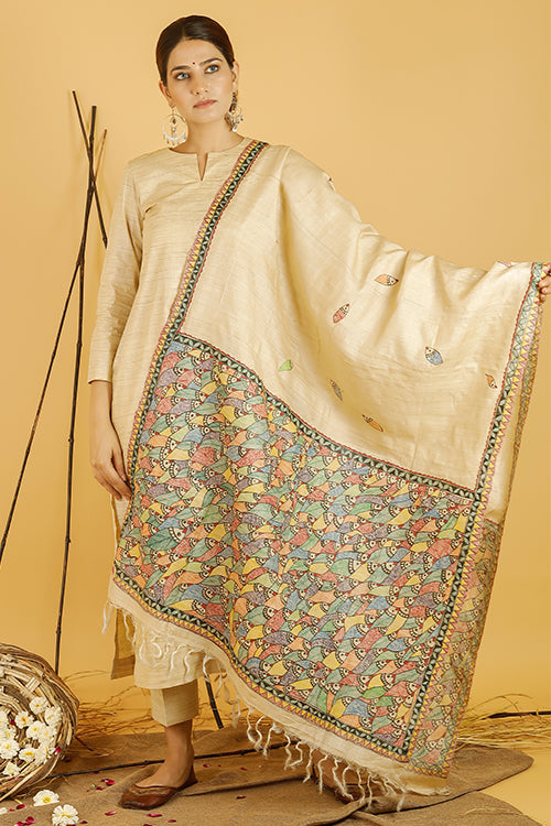 Madhubani Paints 'Matsya Leela' Madhubani Handpainted Pure Handwoven Tussar Silk Dupatta