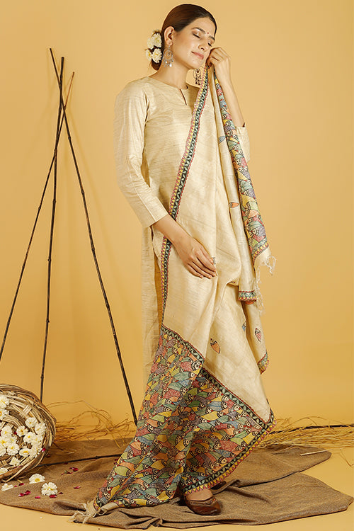 Matsya Leela Tussar Silk Madhubani Dupatta Online