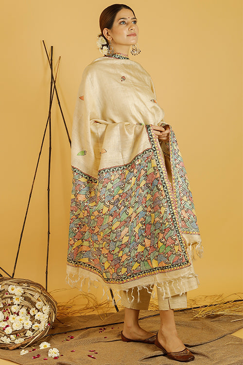 Matsya Leela Tussar Silk Madhubani Dupatta Online