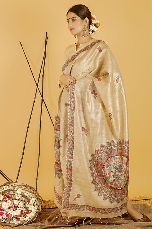Madhubani Paints 'Mithila Surmai' Madhubani Handpainted Pure Handwoven Tussar Silk Dupatta