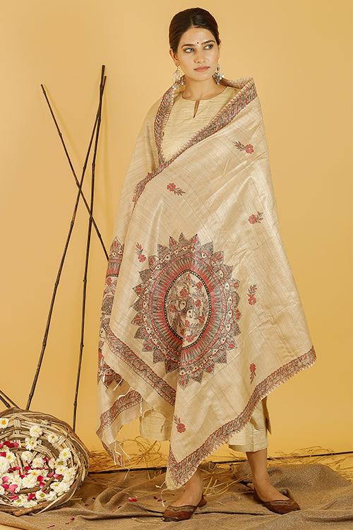 Madhubani Paints 'Mithila Surmai' Madhubani Handpainted Pure Handwoven Tussar Silk Dupatta