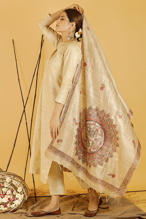 Mithila Surmai Tussar Silk Madhubani Dupatta Online