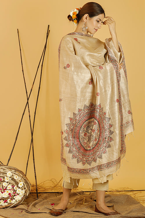 Mithila Surmai Tussar Silk Madhubani Dupatta Online