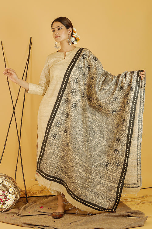 Madhubani Paints 'Mithila Prakriti' Madhubani Handpainted Pure Handwoven Tussar Silk Dupatta