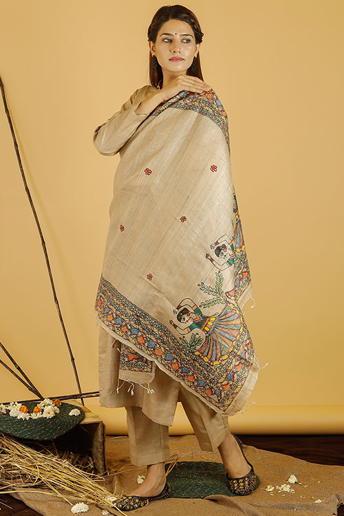 Madhubani Paints 'Mithila Gudiya' Madhubani Handpainted Pure Handwoven Tussar Silk Dupatta
