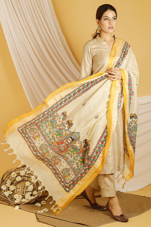 Madhubani Paints 'Bidai' Madhubani Handpainted Pure Handloom Cotton Dupatta