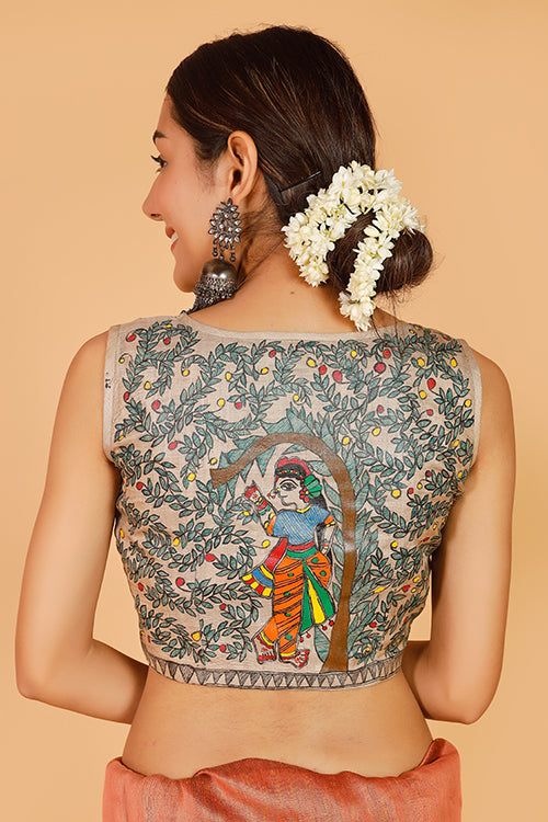 Gubbaro Handpainted Madhubani 'Sita's Mithila Baag' Tussar Silk Blouse