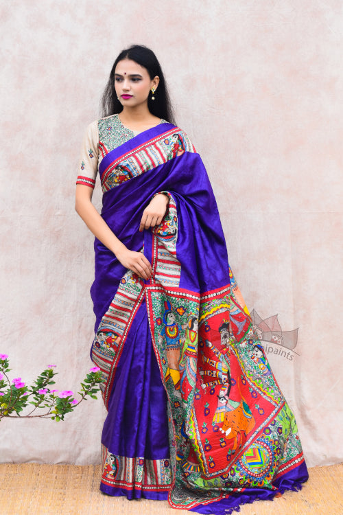 madhubani saree, hand painted sarees, tussar silk saree