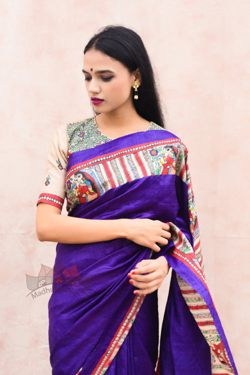 madhubani saree, hand painted sarees, tussar silk saree