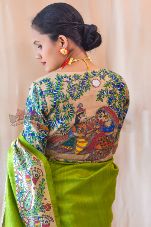 Madhubani Paints Handpainted Madhubani 'Manmohna Radha Krishna' Tussar Silk Saree