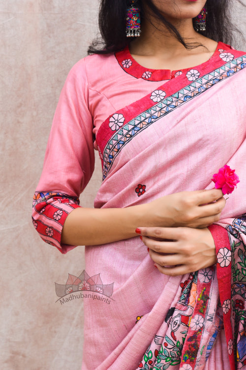 Madhubani Paints Handpainted Madhubani 'Gulabi Doli' Tussar Silk Blouse