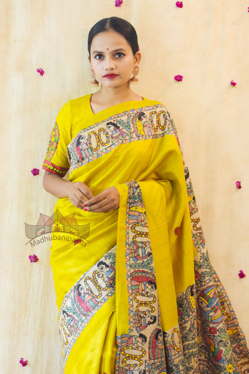 Mithila Kohbar Yellow Tussar Silk Madhubani Paints Saree Online