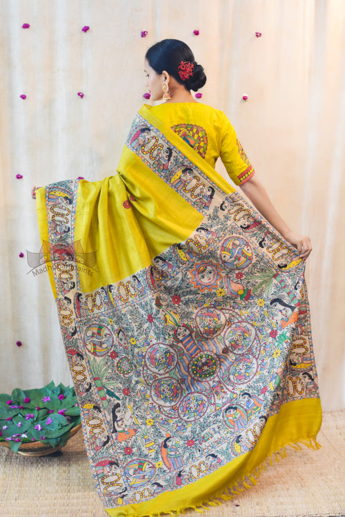 Madhubani Paints Handpainted Madhubani 'Mithila Kohbar' Yellow Tussar Silk Saree