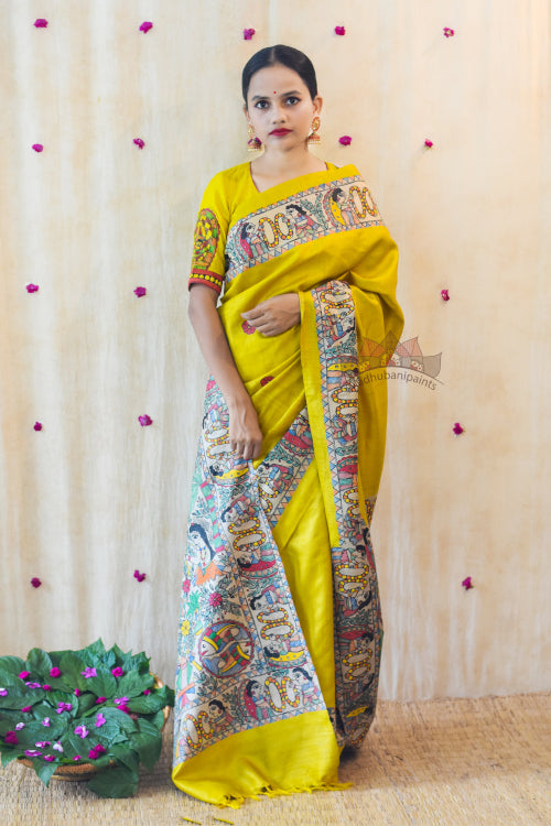 Madhubani Paints Handpainted Madhubani 'Mithila Kohbar' Yellow Tussar Silk Saree