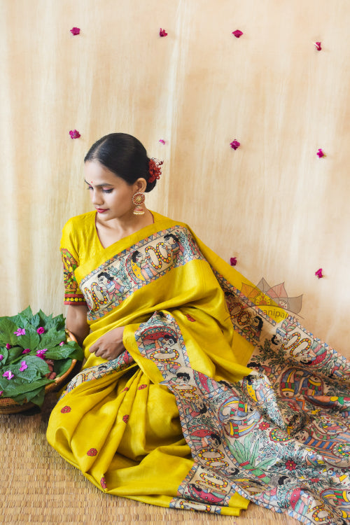 Madhubani Paints Handpainted Madhubani 'Mithila Kohbar' Yellow Tussar Silk Saree