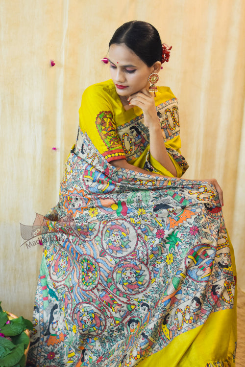 Madhubani Paints Handpainted Madhubani 'Mithila Kohbar' Yellow Tussar Silk Saree