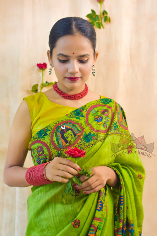 Madhubani Paints Handpainted Madhubani 'Bengali Wedding' Tussar Silk Saree