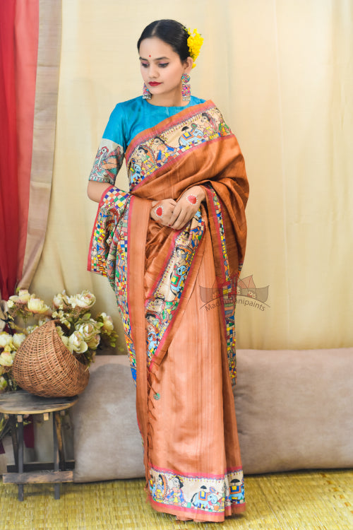 Madhubani Paints Handpainted Madhubani 'Ramayana' Rust Orange Tussar Silk Saree