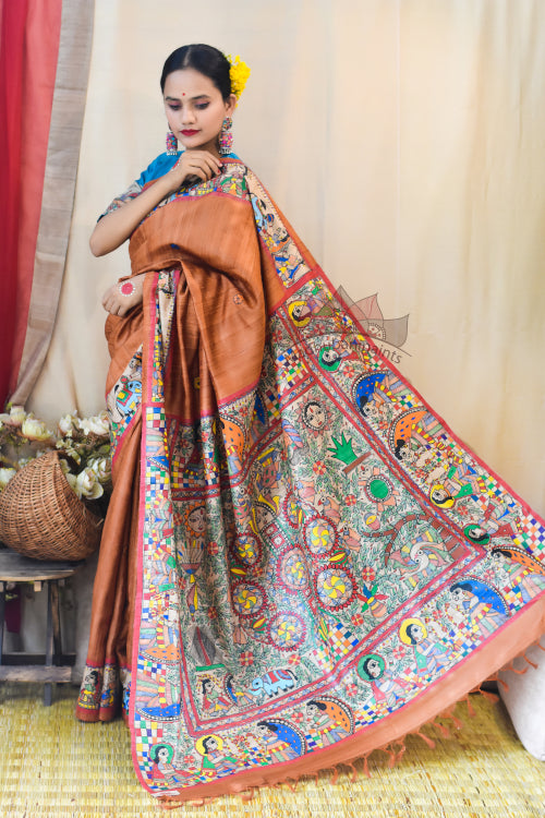 Madhubani Paints Handpainted Madhubani 'Ramayana' Rust Orange Tussar Silk Saree