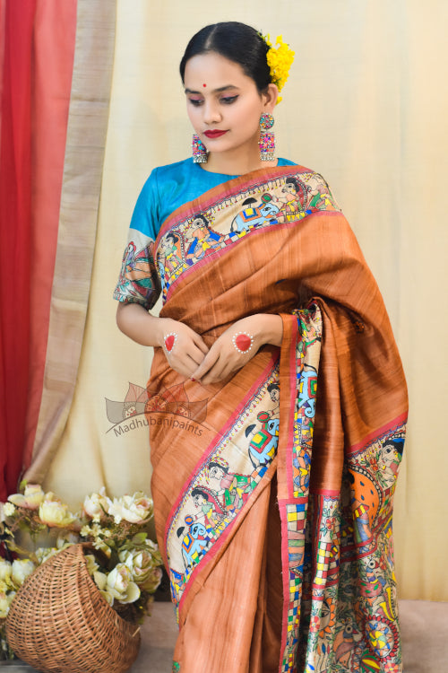 Ramayana Rust Orange Tussar Silk Madhubani Paints Saree Online