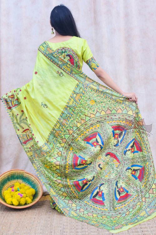 Mithila Gudiya Hand Painted Tussar Silk Madhubani Paints Saree Online