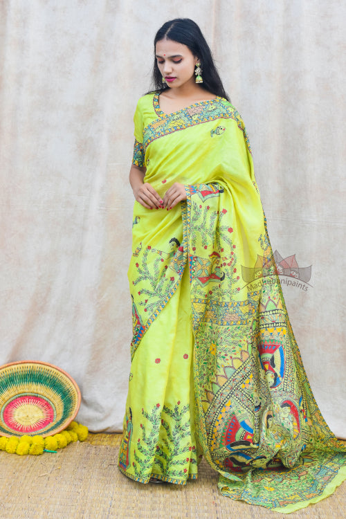 Mithila Gudiya Hand Painted Tussar Silk Madhubani Paints Saree Online