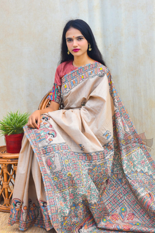 Madhubani Paints Handpainted Madhubani 'MIthila Leela' Tussar Silk Saree