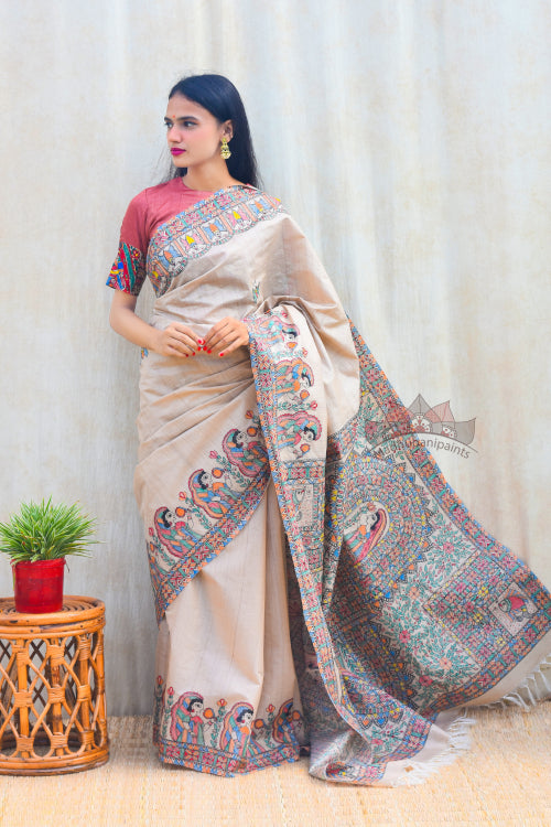 Madhubani Paints Handpainted Madhubani 'MIthila Leela' Tussar Silk Saree