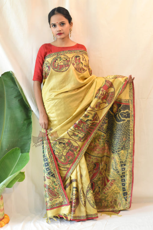 Krishna Jeevan Katha Painted Tussar Silk Madhubani Paints Saree Online
