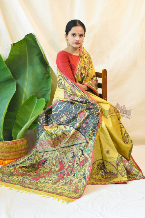 Madhubani Paints Handpainted Madhubani 'Krishna Jeevan Katha' Tussar Silk Saree
