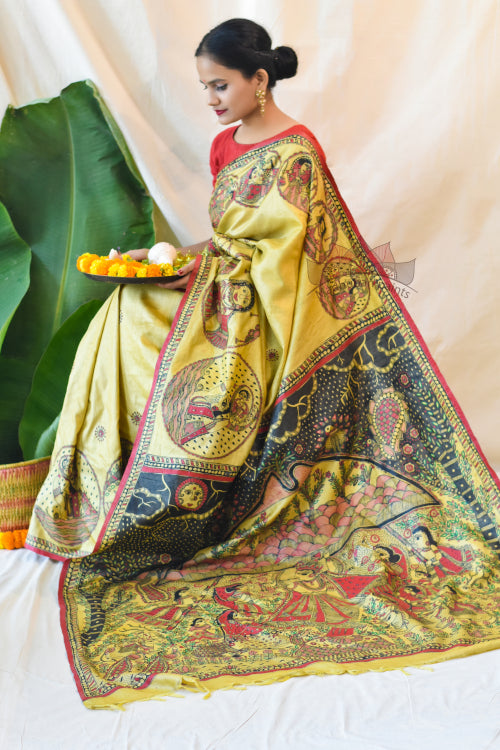 Krishna Jeevan Katha Painted Tussar Silk Madhubani Paints Saree Online