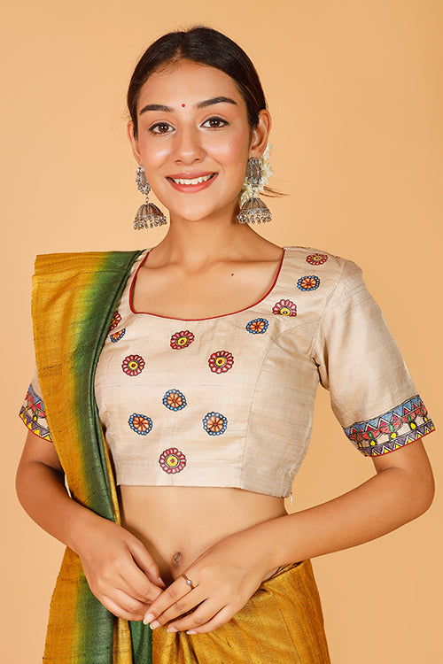 Gubbaro Handpainted Madhubani 'Divine Radha Krishna' Tussar Silk Blouse