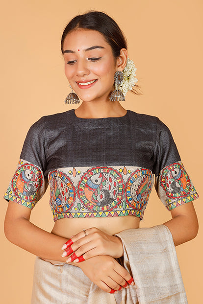 Gubbaro Handpainted Madhubani 'Surmai Shankh' Tussar Silk Blouse