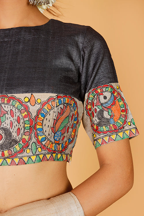 Gubbaro Handpainted Madhubani 'Surmai Shankh' Tussar Silk Blouse