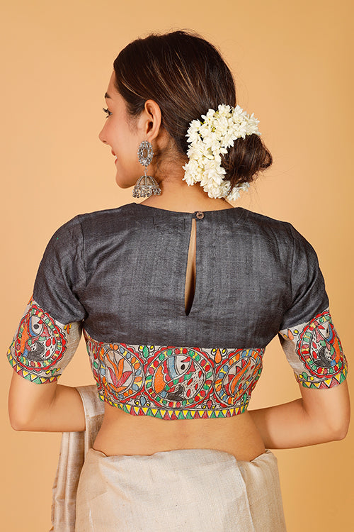 Gubbaro Handpainted Madhubani 'Surmai Shankh' Tussar Silk Blouse