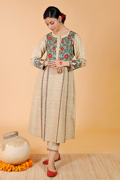 Gubbaro Madhubani Mayur Pleated Traditional Cotton Kurta For Women Online