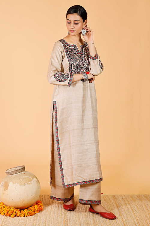 Gubbaro Handpainted Madhubani 'Surmai & The Lotus' Tussar Silk Pant