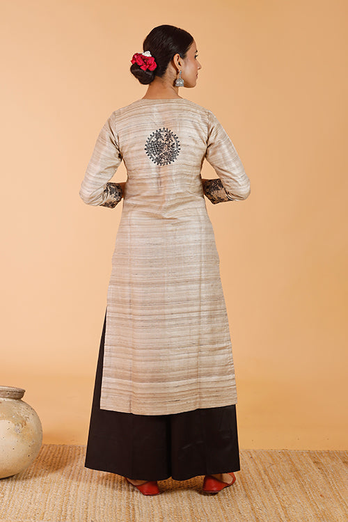 Gubbaro Handpainted Madhubani 'Joda Mayuri' Ghicha Silk Kurta